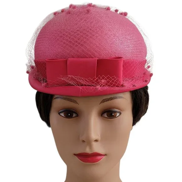 VTG Mid Century Pink Pillbox Derby Hat with Swiss Dot Netting and Bow 1950s
